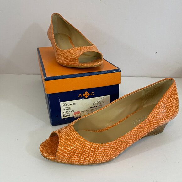 Arturo Chiang Rio Snake Melon Peep Toe Wedges Womens 6.5M Orange - Picture 1 of 7